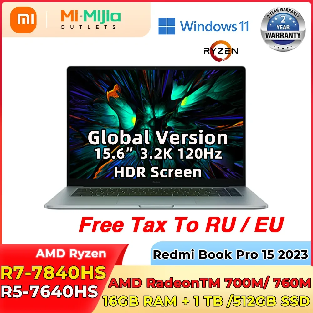 【EU Stock】Xiaomi Redmi Book Pro 15 2023 Laptop AMD Ryzen R7-7840HS Mi Notebook 16G RAM 512G 1TB SSD 15.6