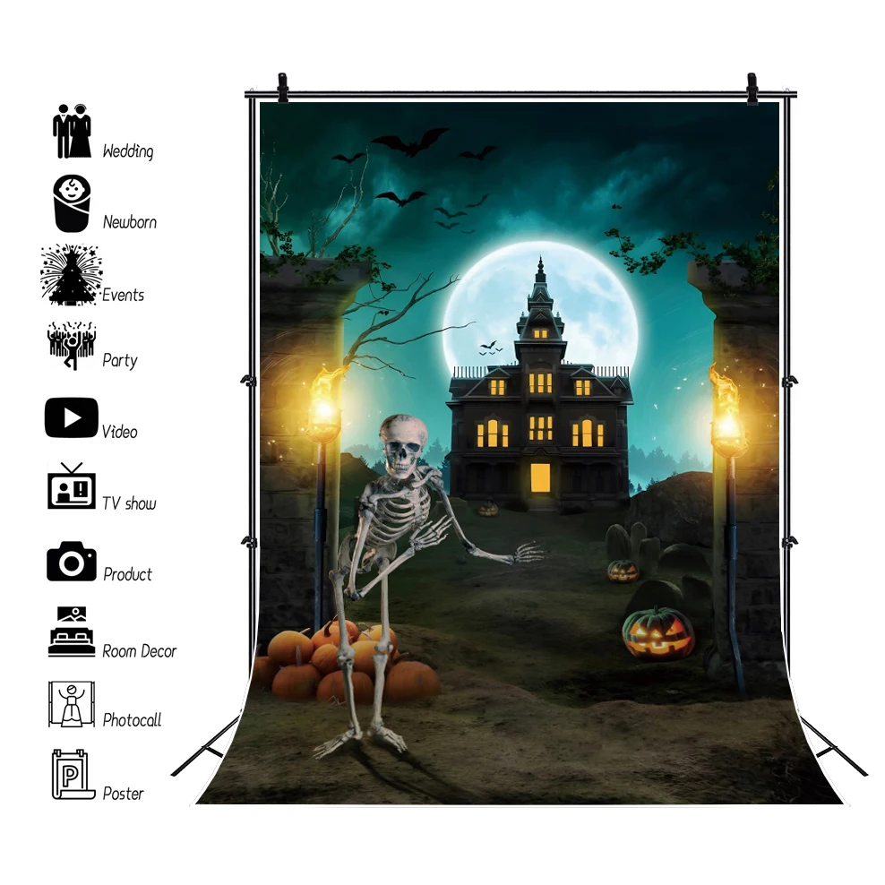 

Halloween Backdrop Night Moon Vintage Castle Wall Skull Children Portrait Photography Background Party Decor For Photo Studio