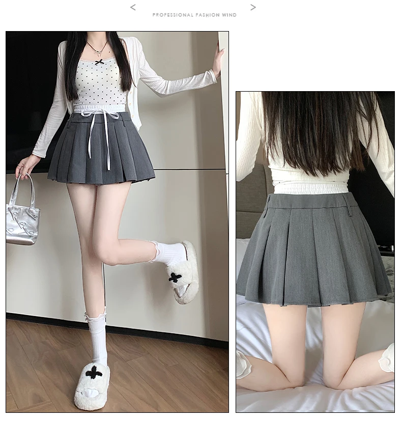 2024 New Women's Autumn Cute Spliced Elastic Waist Mini Skirt Bow Design Casual Y2K All match Gray Black Pleated Skirt