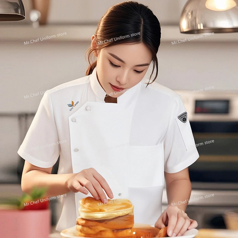 Manteau de Chef respirant de cuisine pour hommes, uniforme de Chef noir, tablier de Restaurant, Short de Chef à manches courtes, veste, vêtements de travail, Logo, été