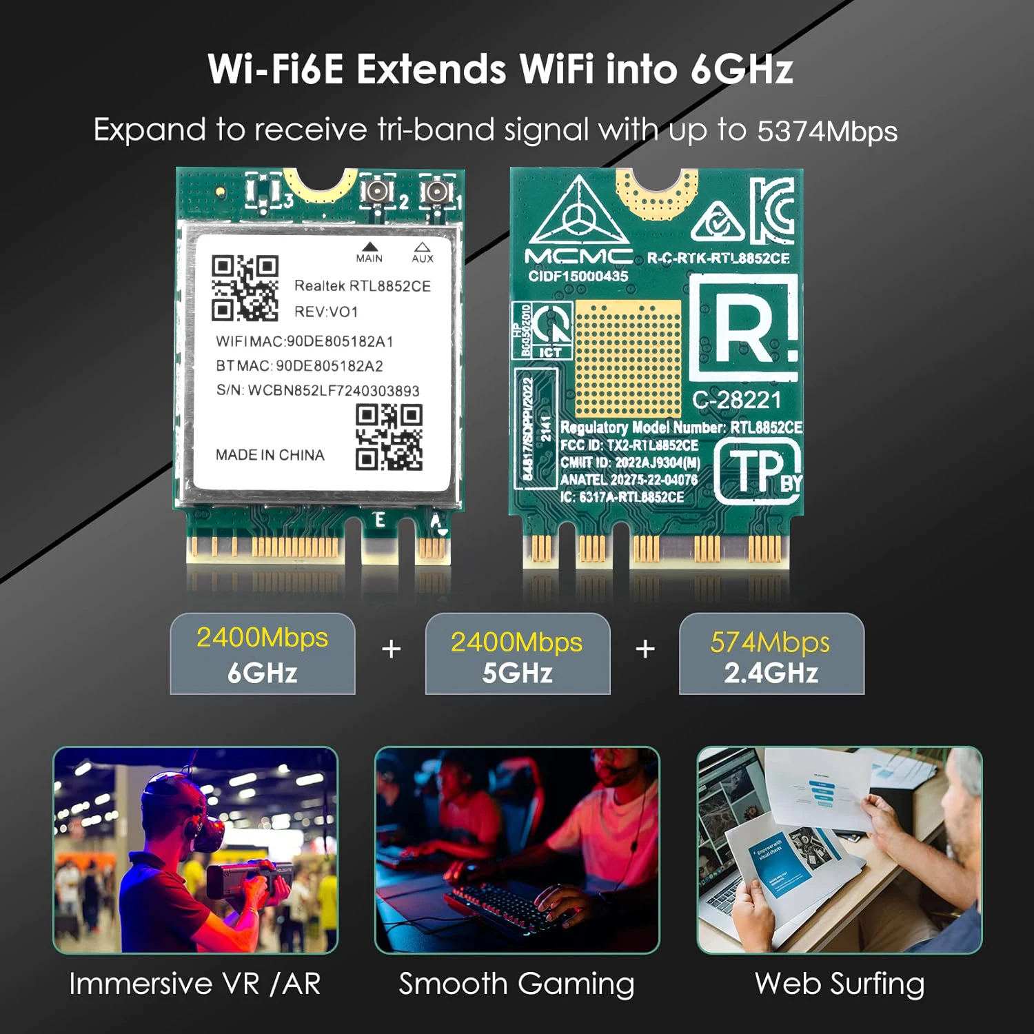 

M.2 WiFi 6E Трехдиапазонный адаптер 5374 Мбит/с Bluetooth 5.3 Гигабитный беспроводной ключ RTL8852CE 802.11ax Сетевая карта для Windows 10/11