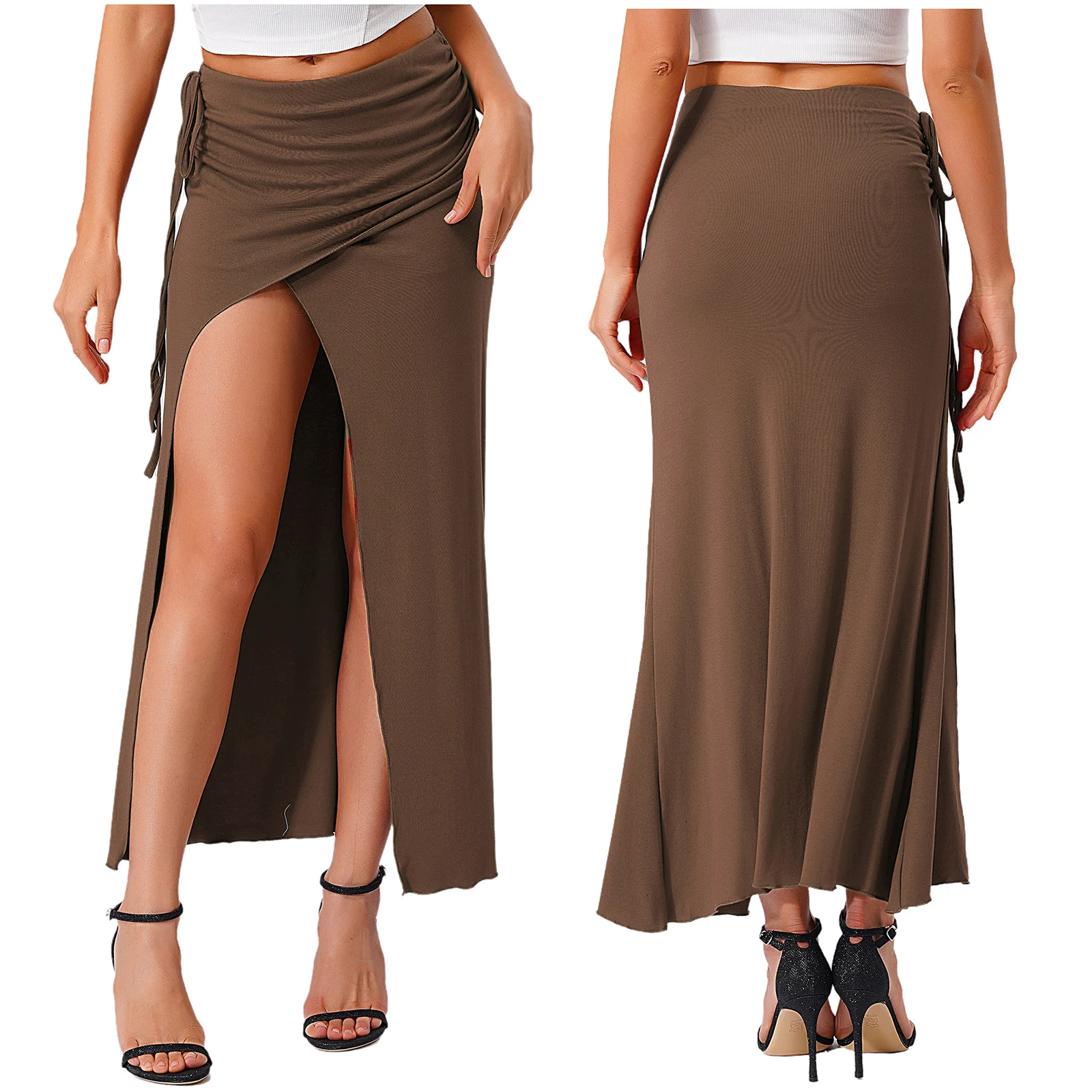 

Women Belly Dance Maxi Skirt Stretchy Slit Safety Shorts Ruched Bodycon Skirt for Dance Class Performance Casual Daily Beachwear