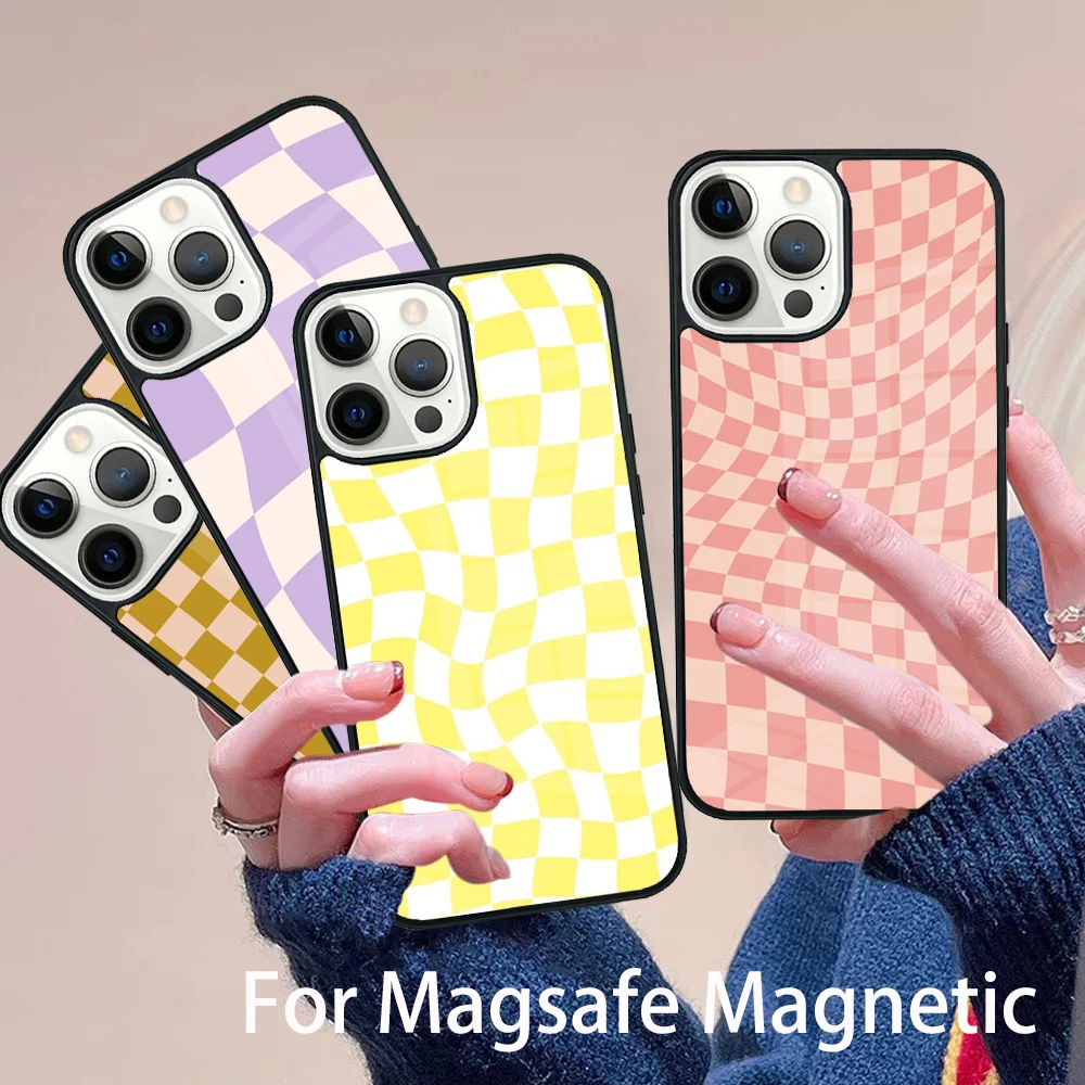 

Checkerboard Pattern Mustard Yellow Phone Case Magesafe Magnetic Wireless Cover For IPhone 16 11 12 13 14 15 Pro Max Plus Mini
