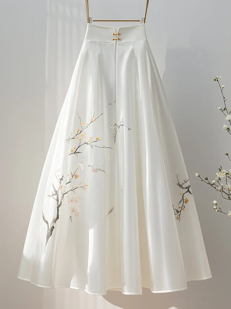 

Fashion Simple Flower Print White Skirt for Women 2025 New Chinese Style A-line Skirts Y2k High Waist Mid-length Women Skirt