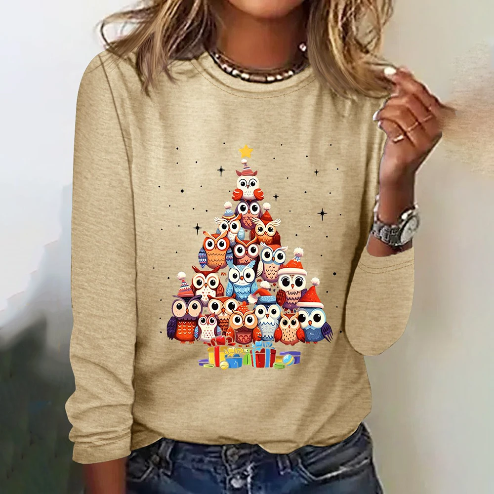 Christmas Owls Cute Cartoon Pattern Women\'s T-shirts Christmas Fashion Loose Long Sleeves T shirt Autumn Cotton Women Clothing