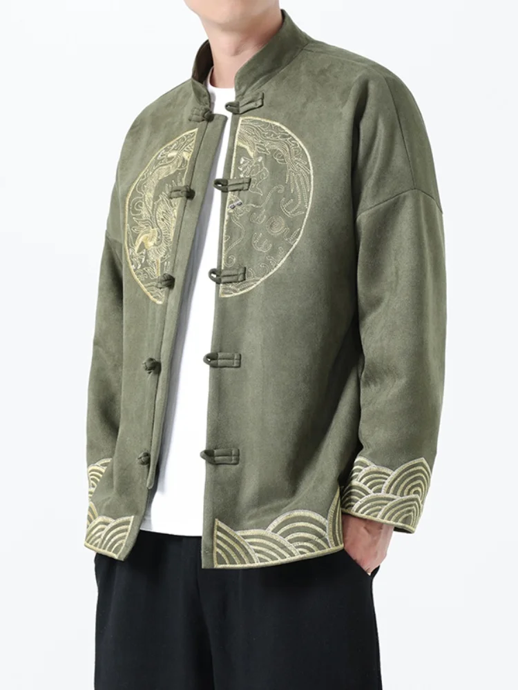 

Мужской костюм Тан для мужчин среднего возраста с вышивкой и пуговицами, из замшевого бархата, весна-осень, в китайском традиционном стиле