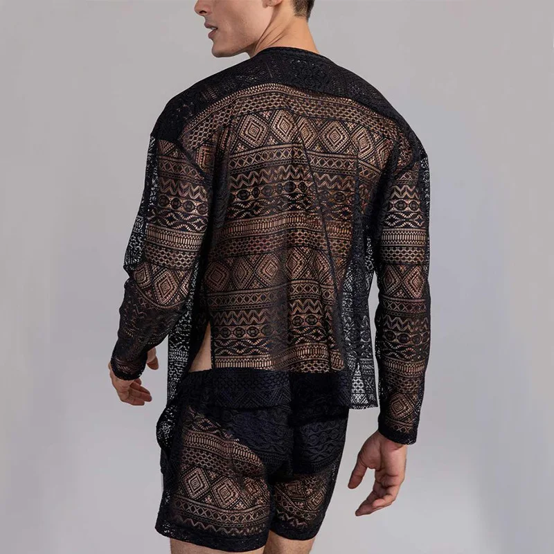 Nightwear Mens Sexy Pajamas Sets 2025 Summer Leisure Hollow Out Embroidery Mesh Two Piece Suits Fashion Tops And Shorts Outfits