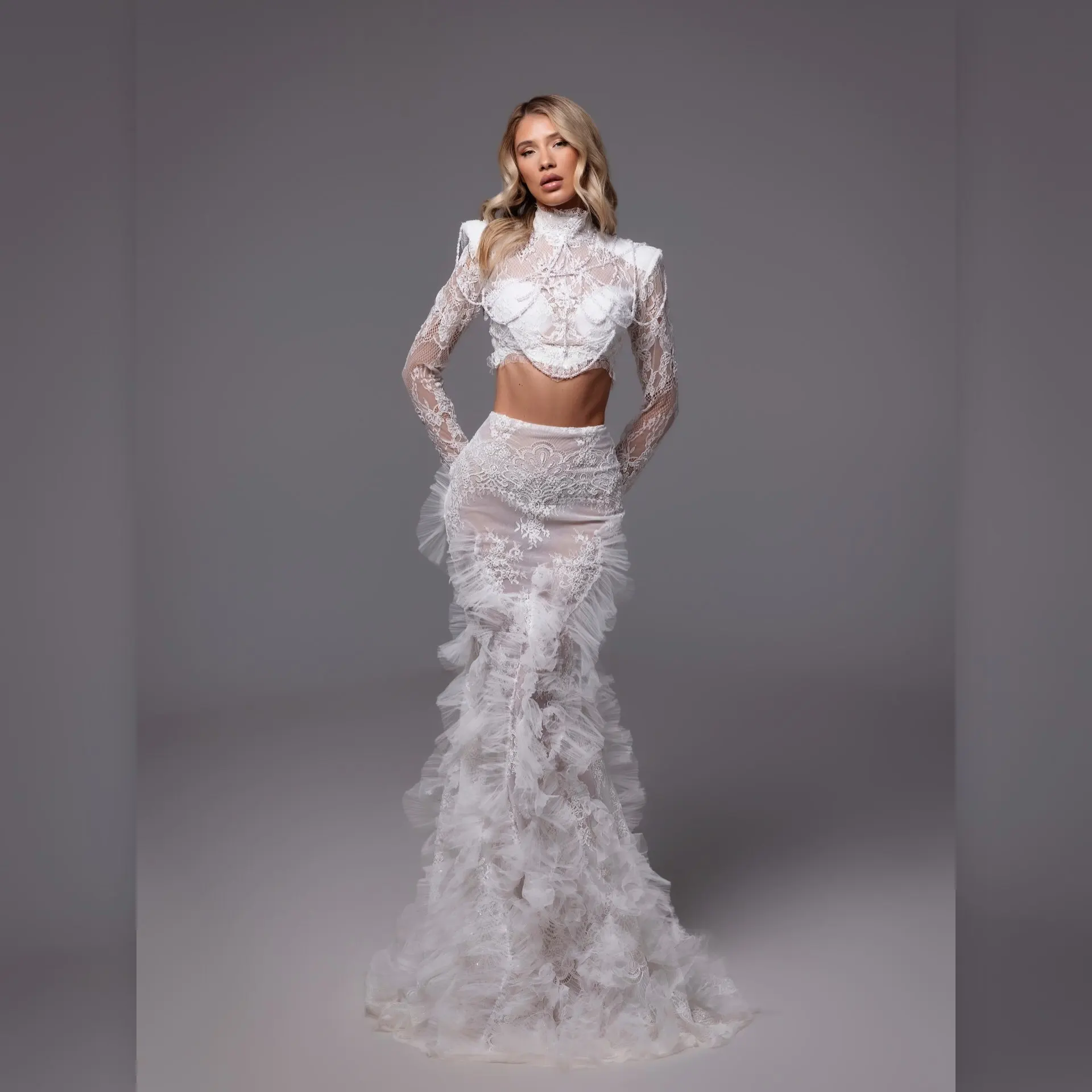 

Sexy Mermaid Lace Skirts For Wedding Evening Events Formal Bridal Skirt Custom Made Sheer Pleated Tulle Layer Slim Women Long