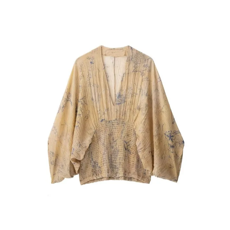 

Женская желтая блузка с цветочным принтом, V-образным вырезом, пышными рукавами и сборками на талии