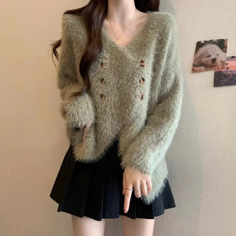 

Soft Mink Fur V-Neck Women Sweater Irregular Fashion Solid Color Long Sleeve Knit Outerwear Elegant Female Versatile Cardigan