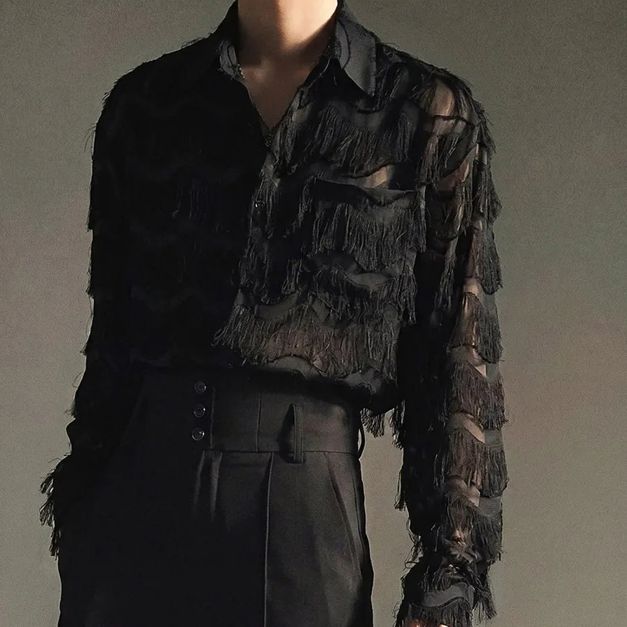 Men Summer Tassel Organza See Through Long Sleeve Vintage Loose Casual Shirts Women Oversize Blouses Stage Party Dress Shirt