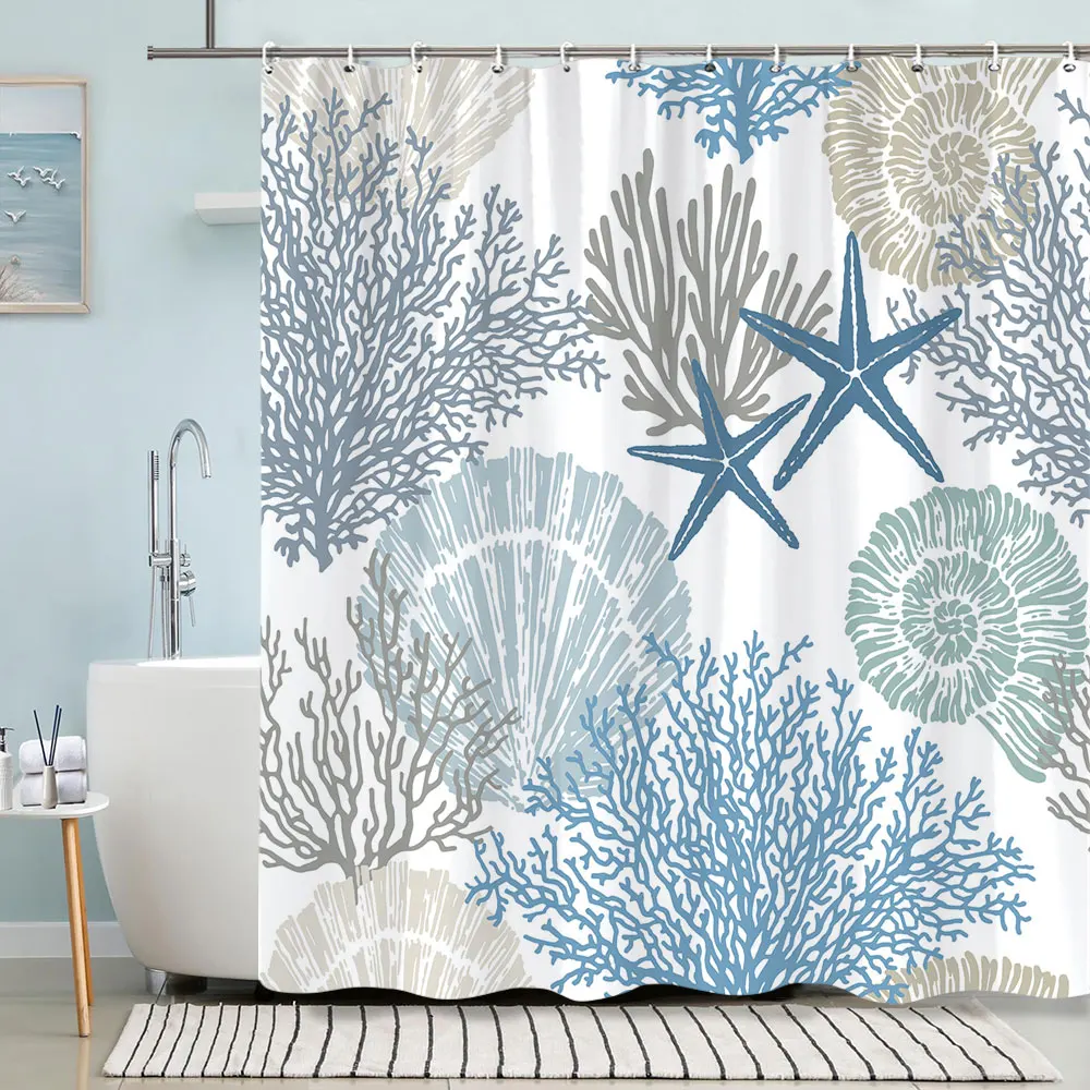 Vintage Nautical Coastal Shower Curtain Sailboat Lighthouse Anchor Ocean Beach Seahorse Starfish Shower Curtains Bathroom Decor