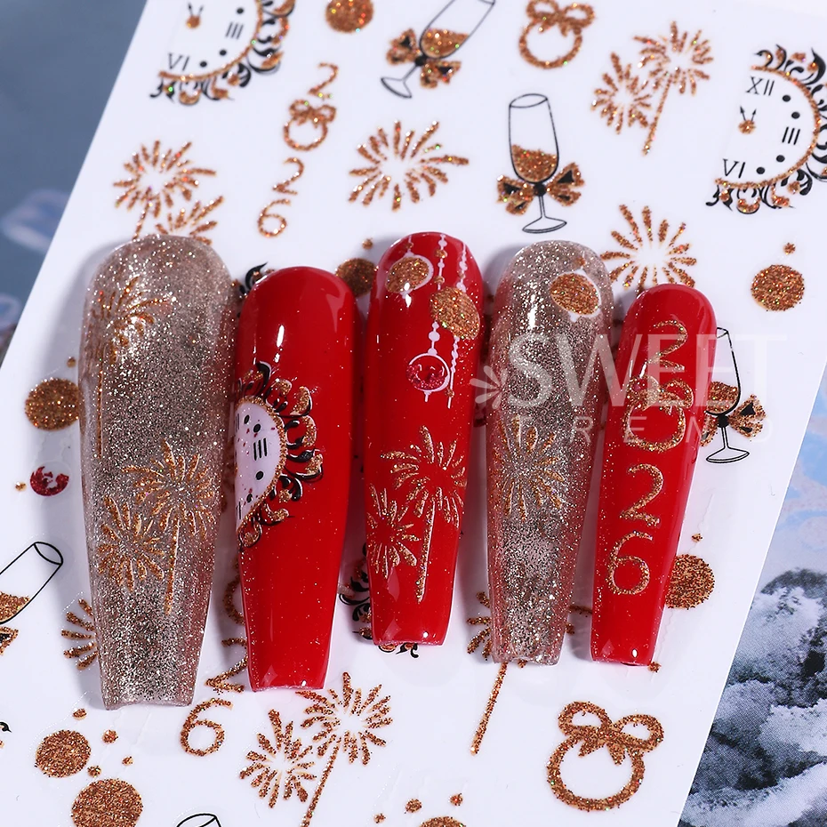 2/3 قطعة بريق عيد الميلاد مسمار ملصقات الذهب الألعاب النارية الشمبانيا 2026 ساعة تصميم القوس السنة الجديدة مسمار الشارات مانيكير ديكور المنزلق #6
