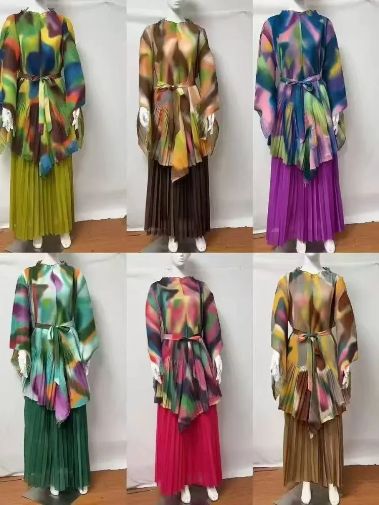 2025 مياكي مطوي طباعة جديدة غير النظامية قطعتين مجموعة حزام فضفاض المرأة تنورة مجموعة الخريف جديد