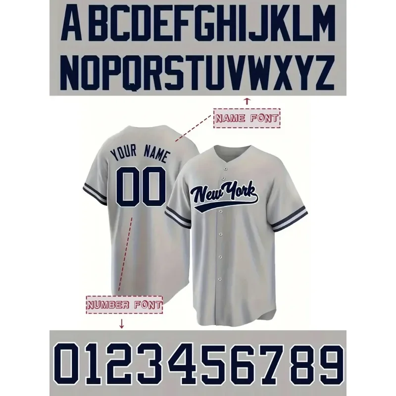 Custom Name and Number Men's Baseball Jersey Grey New York Embroidered Loose Breathable V-Neck Short Sleeve Button Up Sports Top