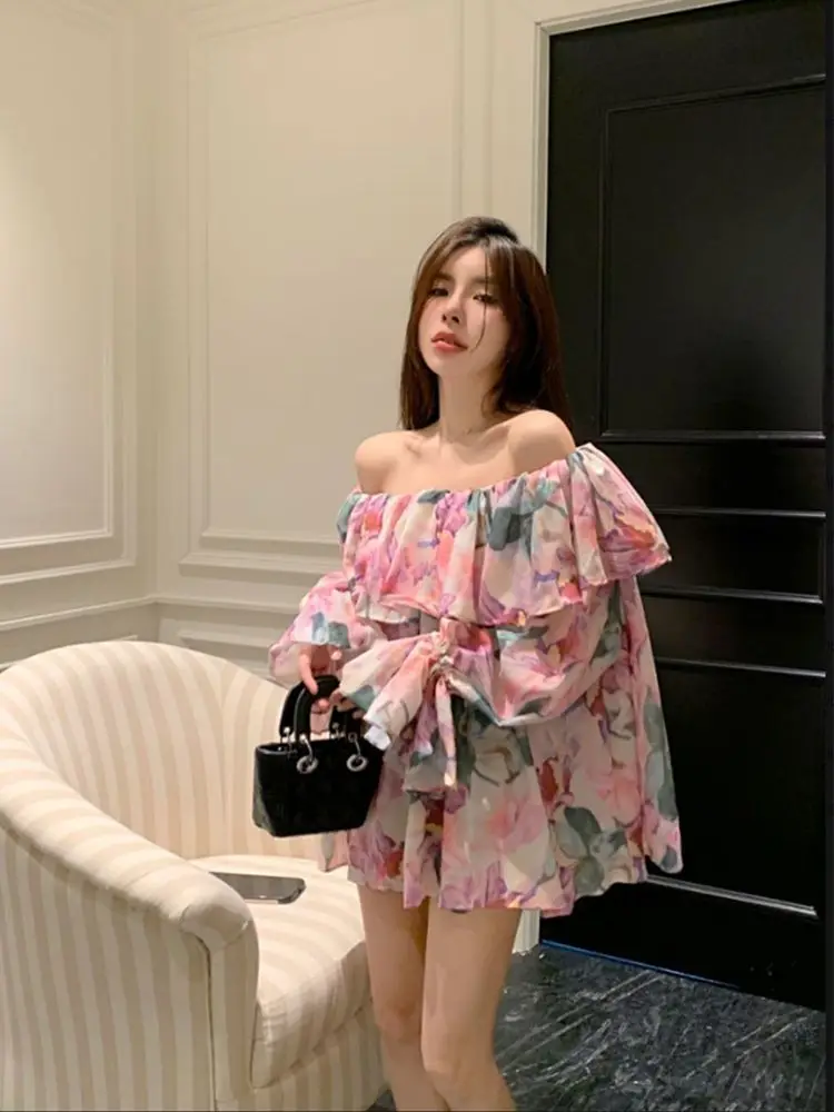 Women New French Floral Chiffon Shirt for Women Early Autumn Flap Sleeve Sun Protection One-shoulder Top