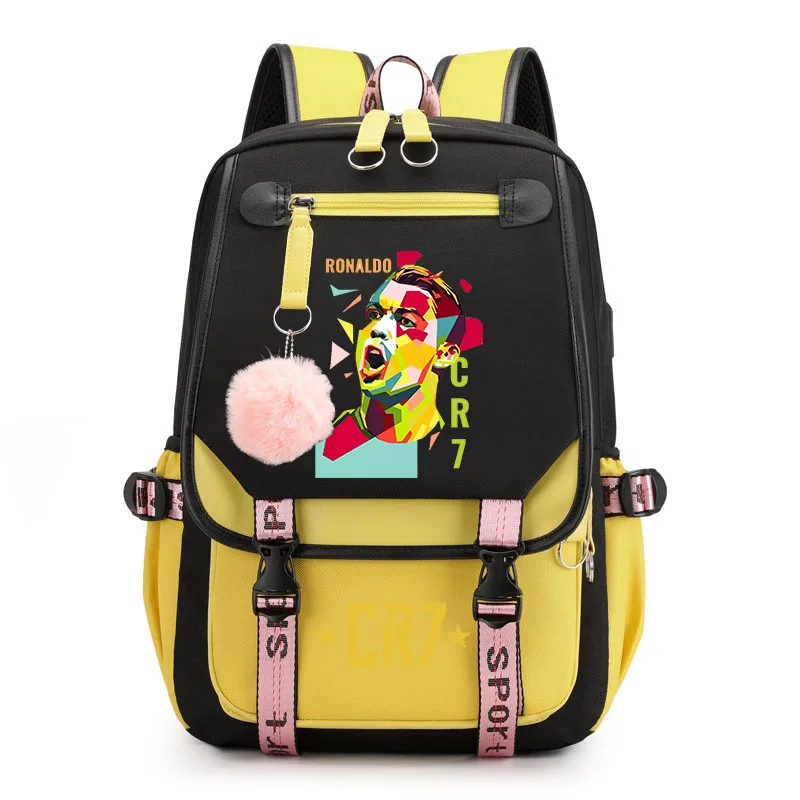 โรนัลโด้พิมพ์กระเป๋านักเรียนนักเรียนกระเป๋าเป้สะพายหลังเด็กกระเป๋าเดินทางกลางแจ้งกระเป๋า USB กระเป๋าสาว