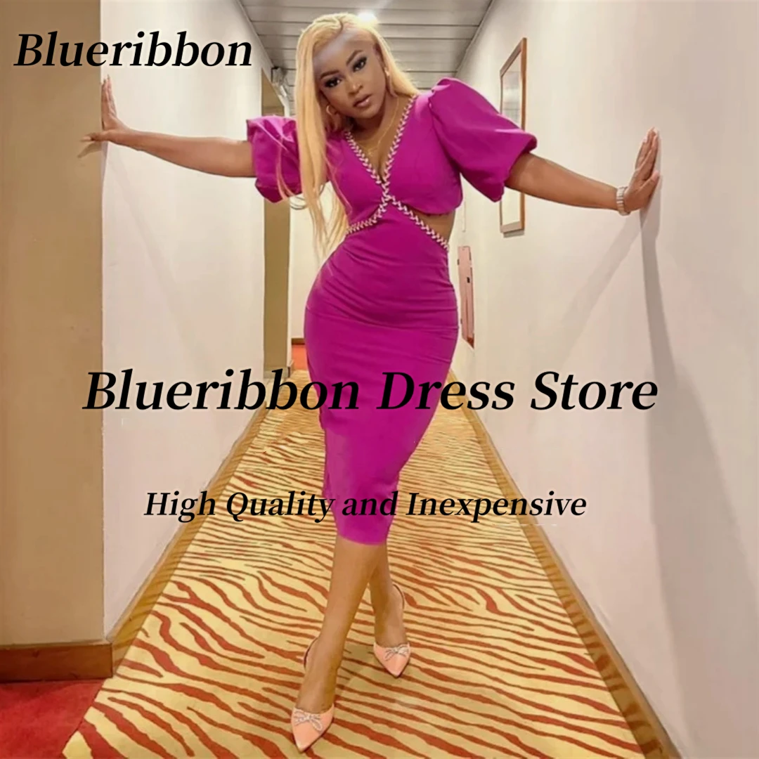 

Blueribbon Tea Length Mermaid Prom Dresses V Neck Beaded Cutaway Sides Sexy Cocktail Party Dress Half Sleeves Short Club Gowns