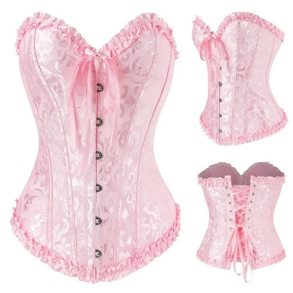 

Lace Up Corset Top Y2K Elegant Ruffle Overbust Boned Bustiers Top Jacquard Design Body Shaper Waist Trainer Cincher Girl