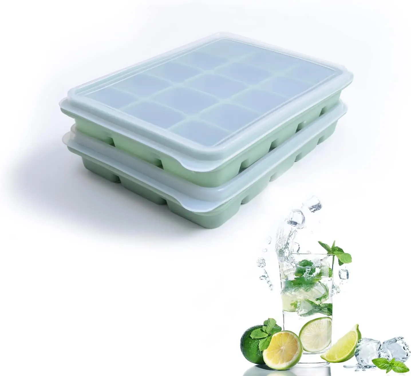 2-Pack Silicone Ice Cube Trays with Lids, Easy Release, BPA Free, Stackable for Whiskey, Bamboo Green
