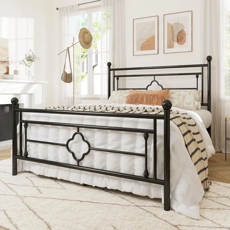 Metal Platform BedFrame with Vintage Headboard and Footboard/Mattress Foundation/UnderBed Storage/No Box SpringNeeded/Noise-Free