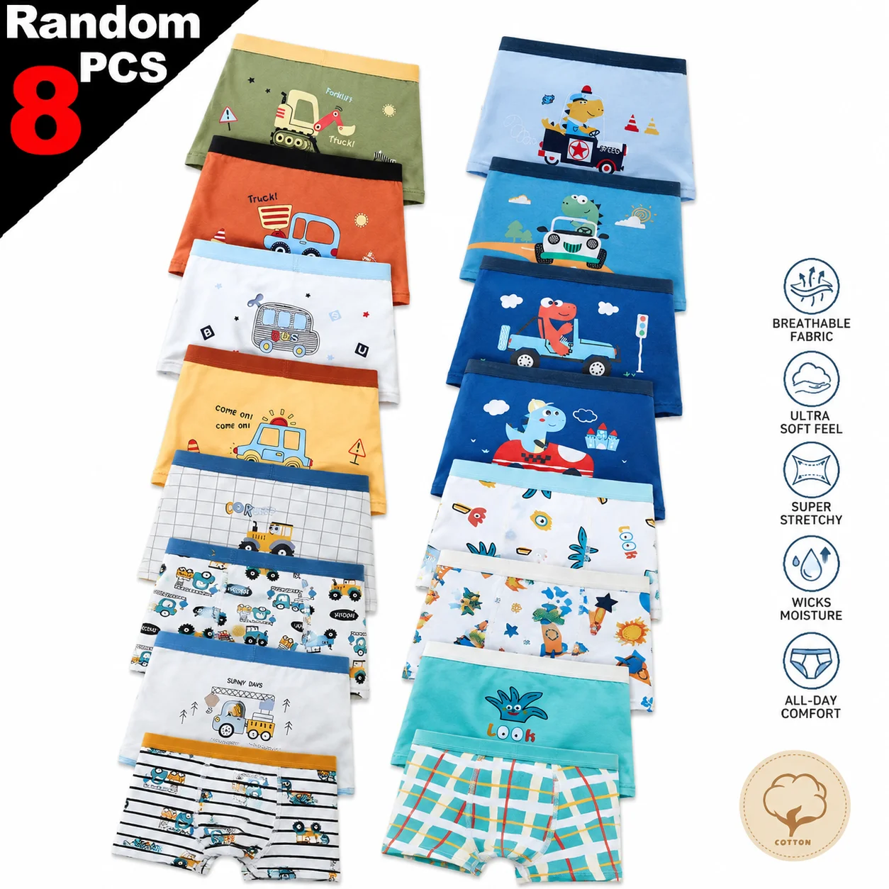 4/8 Pcs Boy Underwear for Kids Cartoon Print Cotton Boxer Briefs Breathable Double Crotch Soft Boys Everyday Underpants