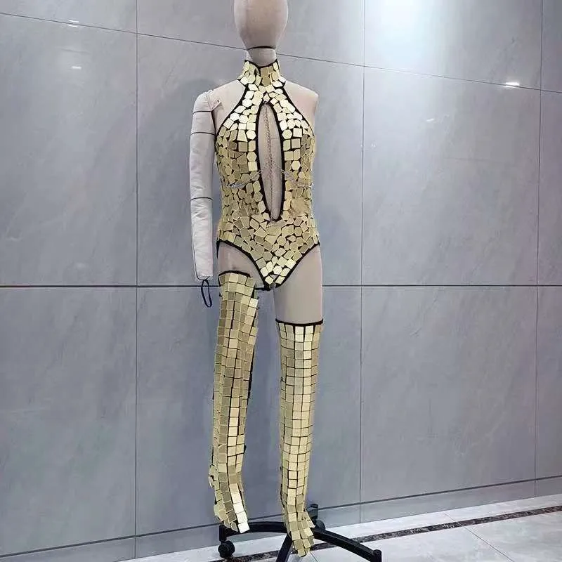 Strój na bar, koncert, dla piosenkarki, drag queen, kostium, złoty, srebrny, lustrzany kombinezon, nakładki na buty, strój taneczny, strój dla głównej tancerki, odzież sceniczna