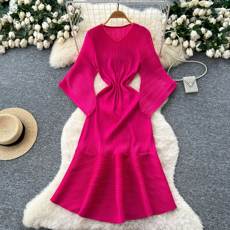 

Dress Women Solid Flare Sleeve Round Neck Dresses Spliced Pleated A Line Elegant Vestidos Skinny Office Lady Summer 2025