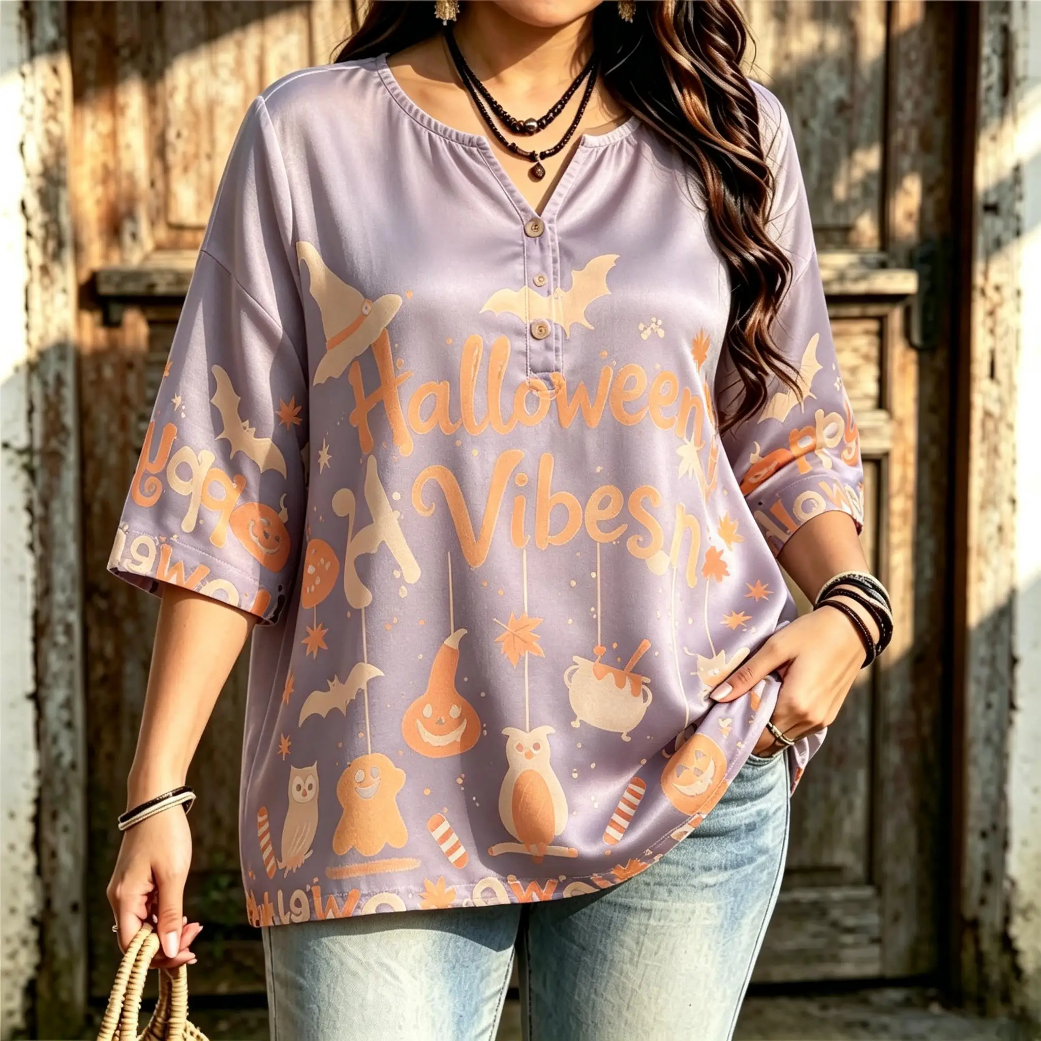 Women Notched Henley Neck 3/4 Sleeve Blouse Happy Halloween Letter Pumpkin Ghost Bat Owl Witch Hat Print Casual Loose Tops