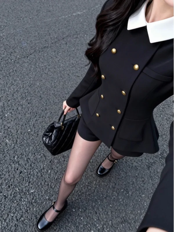 Black Double-Breasted Collar Suit Women's Fashion Set British Style Winter Slimming Design Two-Piece Ensemble Short Sleeve