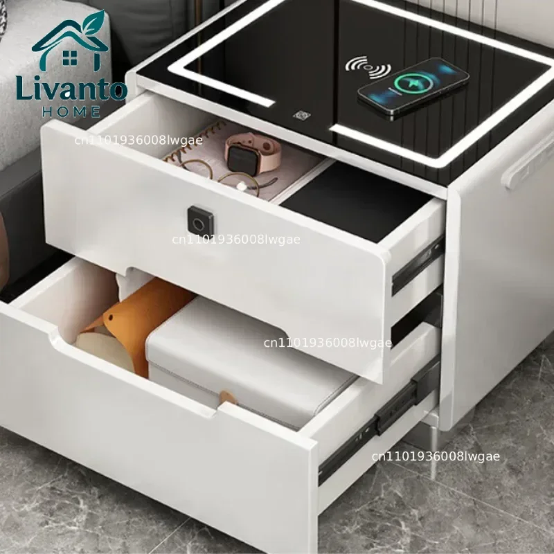

Multifunctional Bedside Table Fingerprint Lock Smart Nightstand Wireless Charger Black Furniture Bedroom Small Cabinet