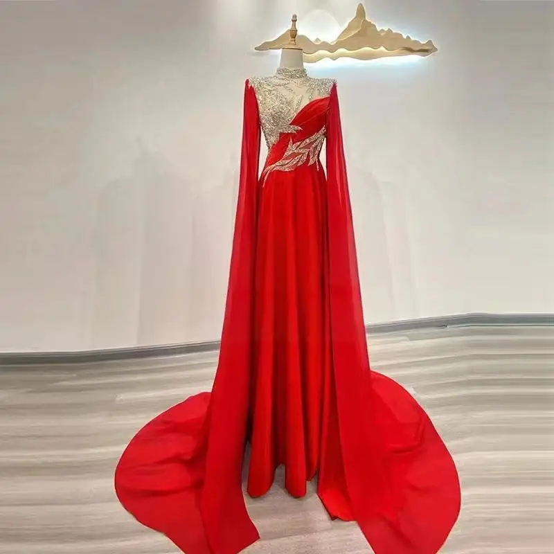 

Red Women's Luxury Evening Dress Leaf Decorated Crystals Long Sleeve A-Line Dress Detachable Train Red Grand Prom Dress Vestidos