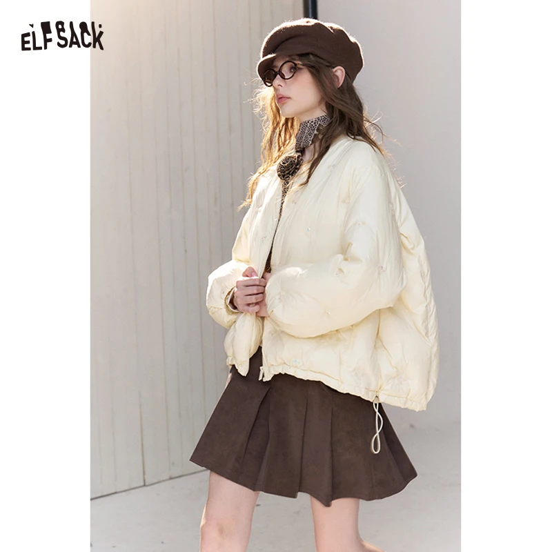 ELFSACK Women's White Quilted Puffer Jacket with Stand Collar, Casual Loose Outerwear for Daily Wear