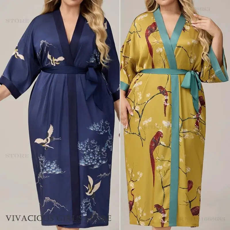 

Плюс размер женский длинный халат пеньюар с цветочным принтом кимоно халат весна осень атласная одежда для сна ночная рубашка свободная одежда для дома
