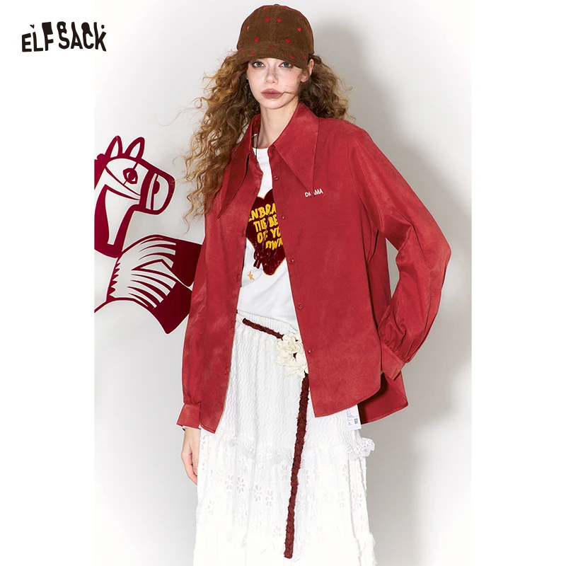 

ELFSACK Women Loose Fit Long Sleeve Blouse 2026 Pointed Collar Dark Red Letter Embroidery Sweet Casual Shirt