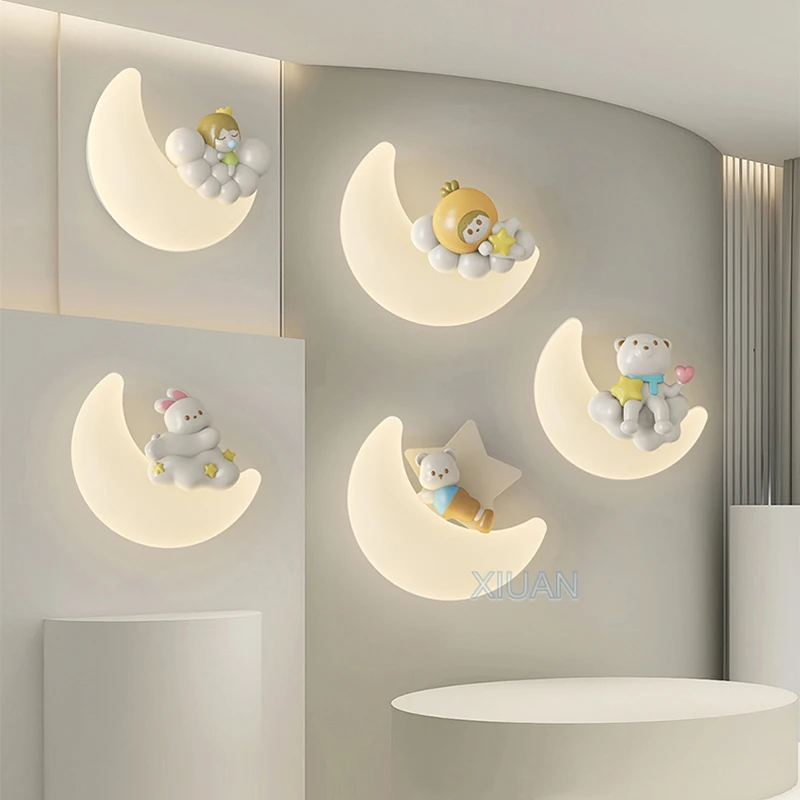 creative pe white wall lamps for children moon lighting girl bear rabbit kids bedroom indoor led light indoor wall sconces 01