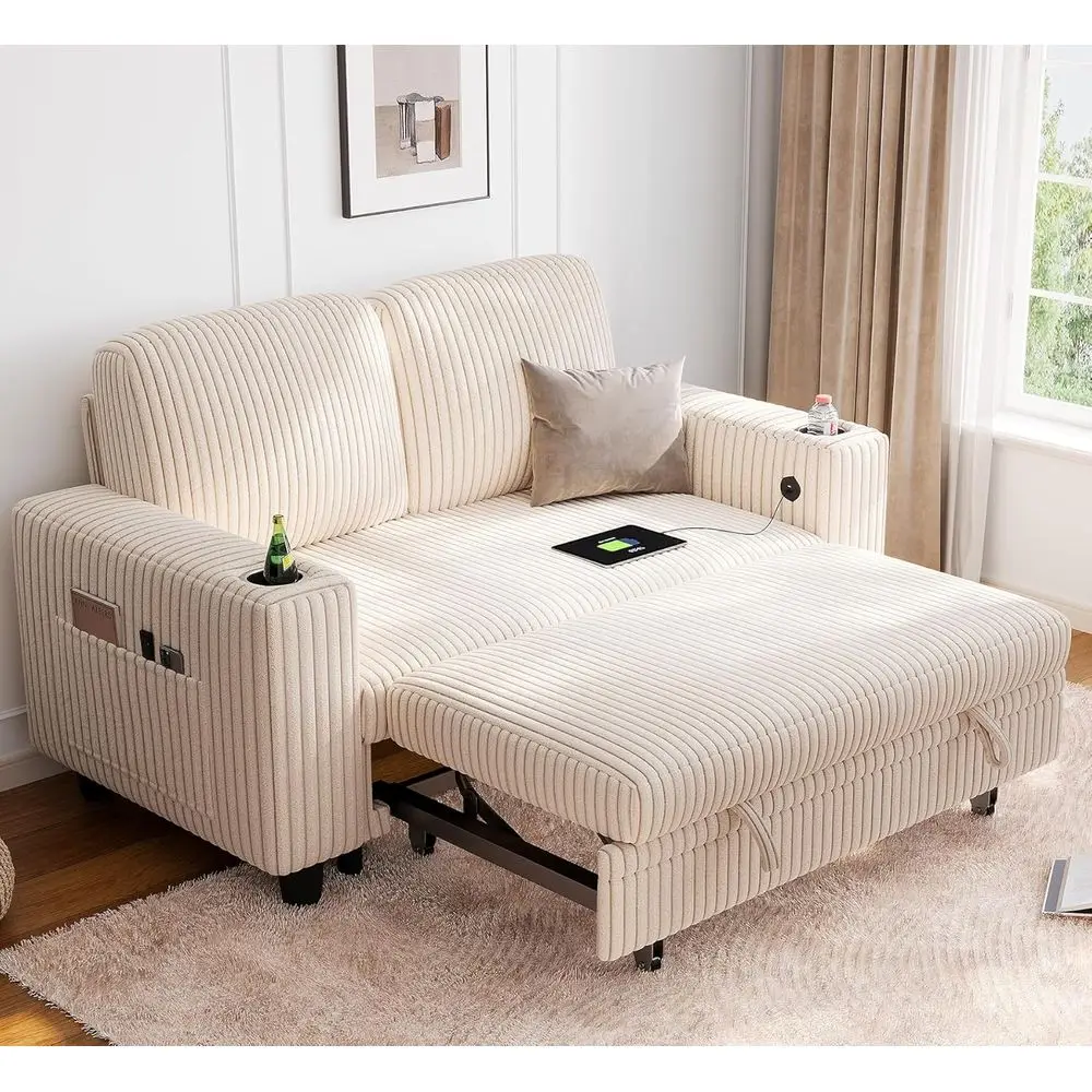 أريكة بمقعدين قابلة للتحويل 2 في 1 مع كرسي قابل للسحب وحاملات USB وأكواب، سروال قصير من القطيفة، بيج للمساحات الصغيرة