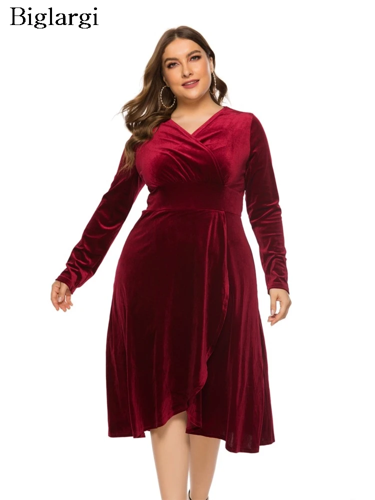 Plus Size Velvet Autumn Mini V-Neck Dress Women Long Sleeve Fashion Ruffle Pleated Loose Ladies Dresses High Waist Woman Dress