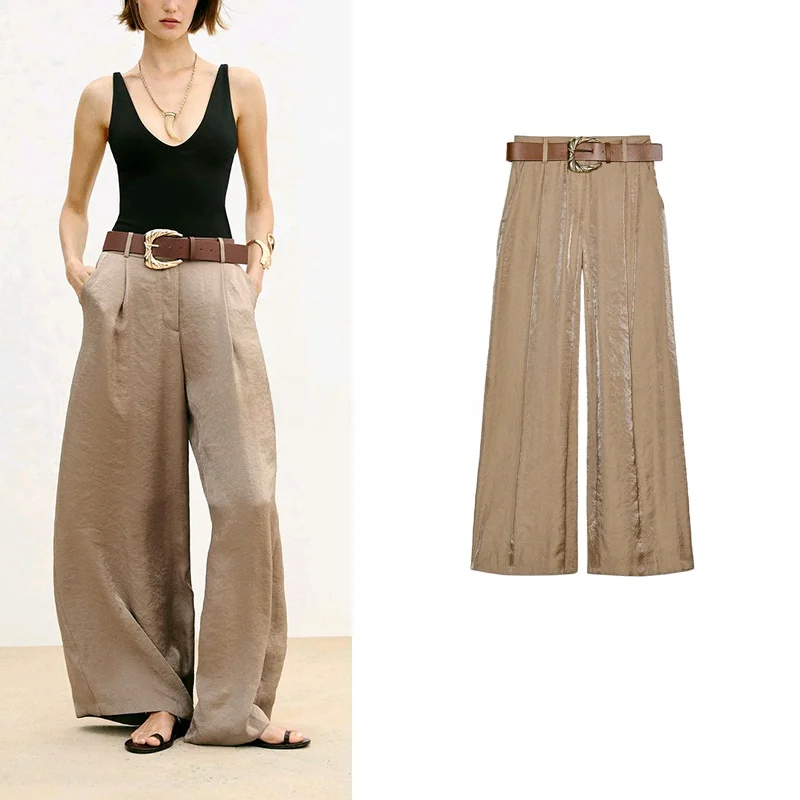 

Летние женские брюки с высокой талией, широкими штанинами, из шелковистого атласа, с драпировкой, декоративными складками, на поясе, свободного кроя, прямые