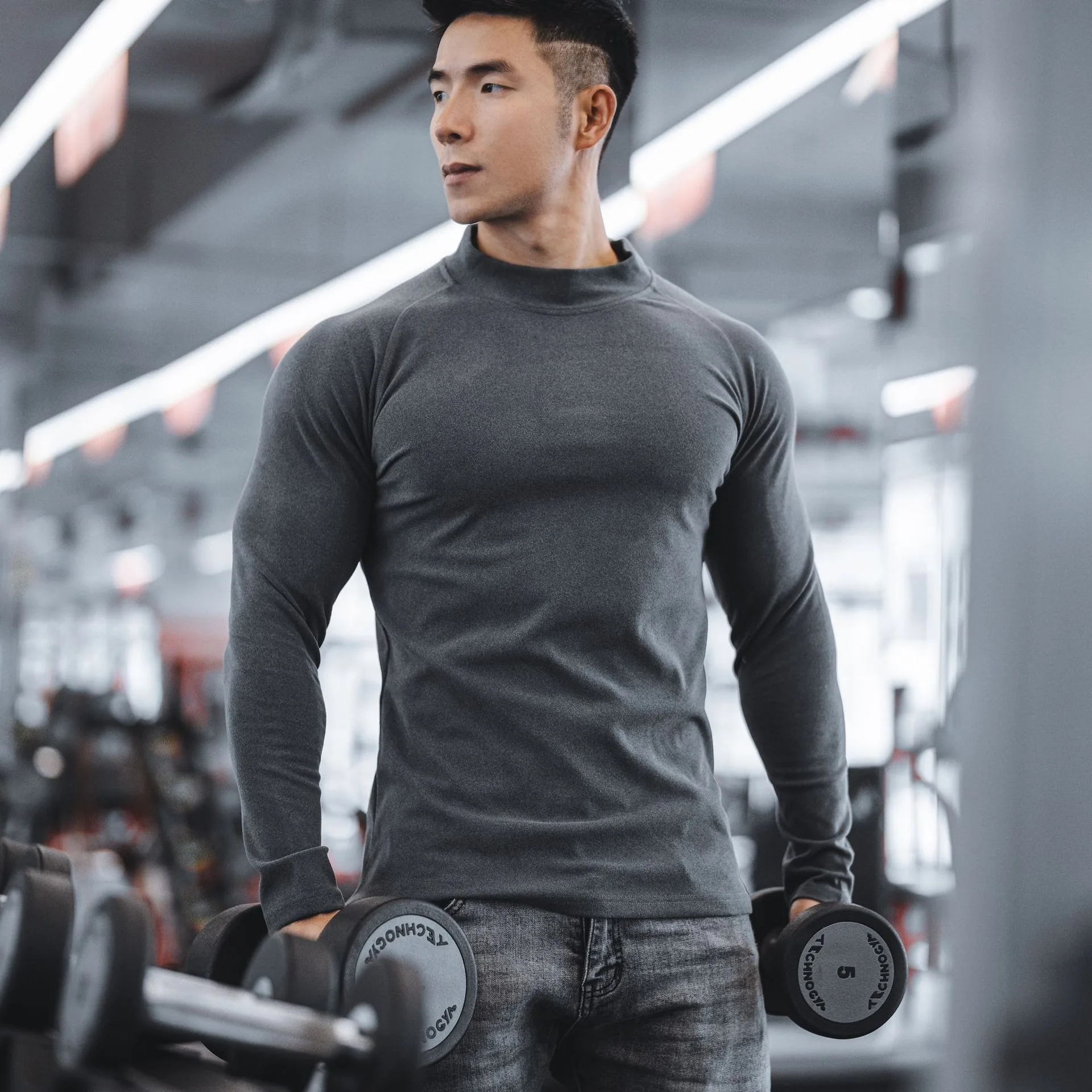 Men’s Muscle Fit Long Sleeve Workout Shirt, Athletic Slim Compression Gym Top, Breathable Stretch Body Shaping Training Tee