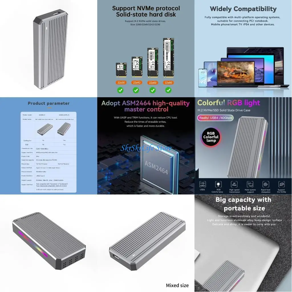 

E65E USB4 Жесткий диск Корпус M.2 NVME Твердотельный диск 40 Гбит/с Совместимость с Thunderbolt4/3