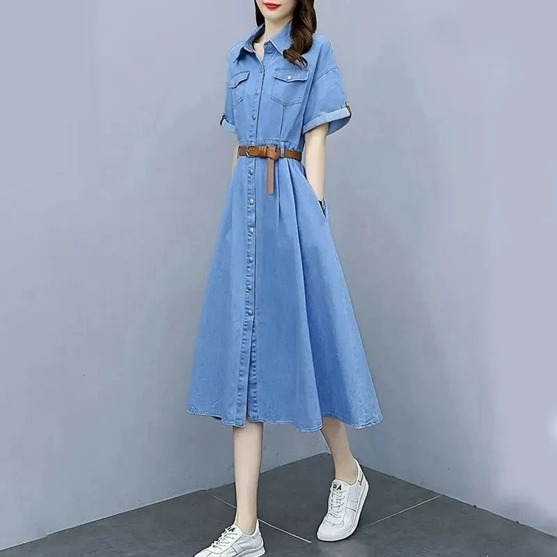 Vintage Denim Shirt Dress Female 2024 Summer New Korean Fashion Slim Short Sleeve A-line Dress With Belt Casual Women\'s Clothing