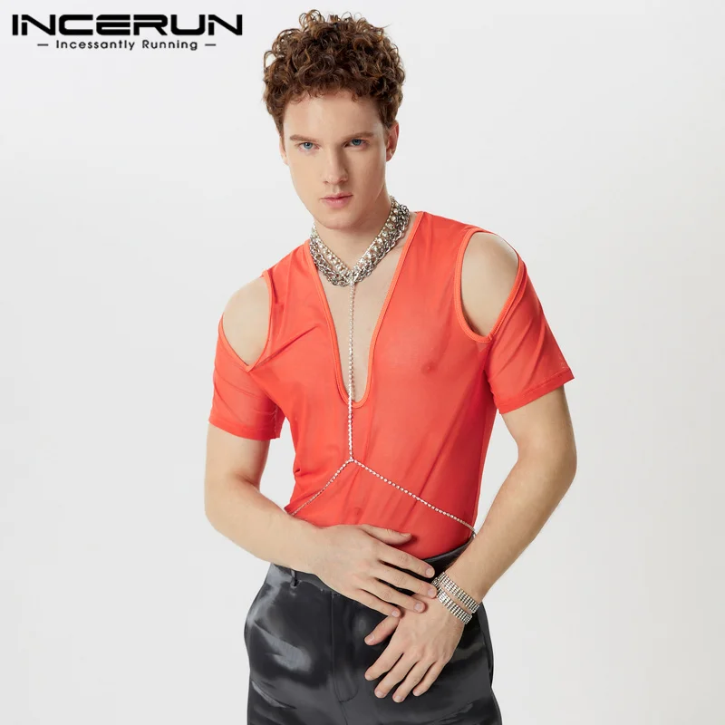 Sexy Stylish Style Tops INCERUN Mens Mesh Elastic Shoulder T-shirts Party Clubwear Male Thin V-neck Short Sleeved Camiseta S-5XL