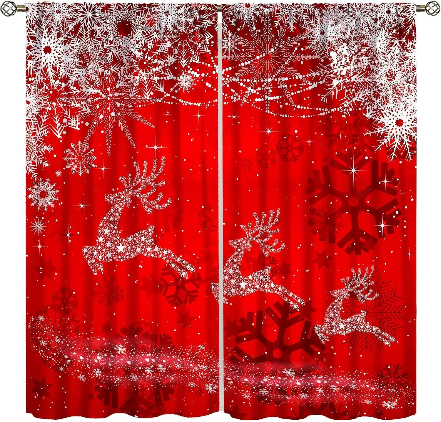 Xmas Reindeer Curtain Panels, Glitter Jumping Deer Snowflake Red Background Art Print Drapes for Living Room Window Home Decor