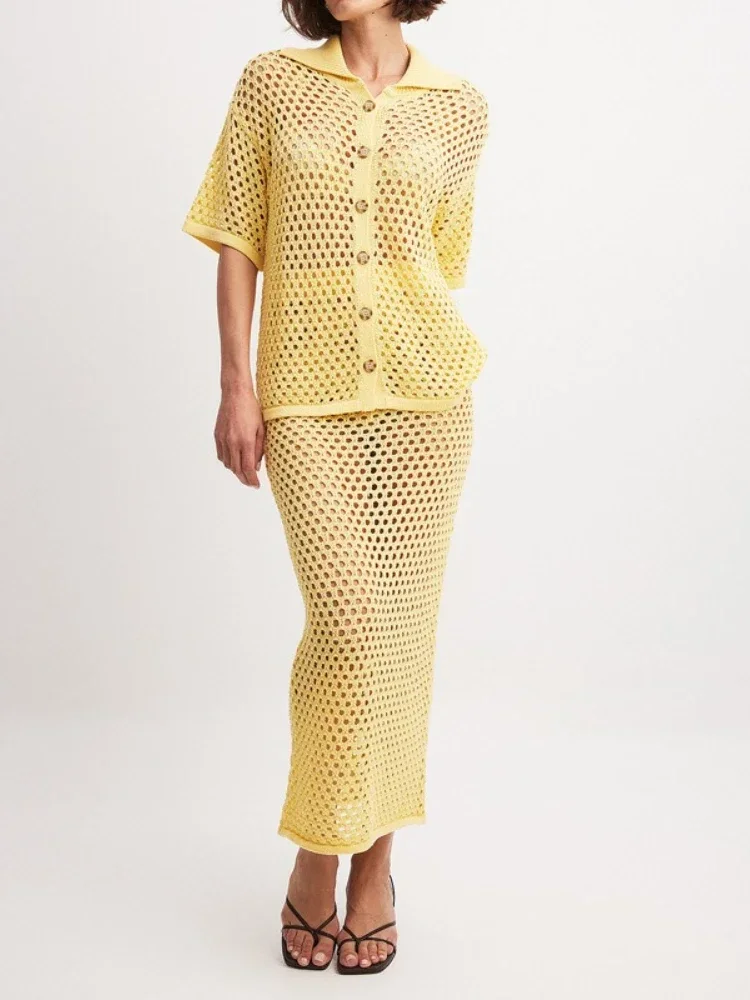 เสื้อผ้าผู้หญิงฤดูร้อนใหม่ชุดลําลองชุดแฟชั่นตาข่าย Fishnet Beach เสื้อถักกระโปรงยาวชุดจับคู่สําหรับสตรี