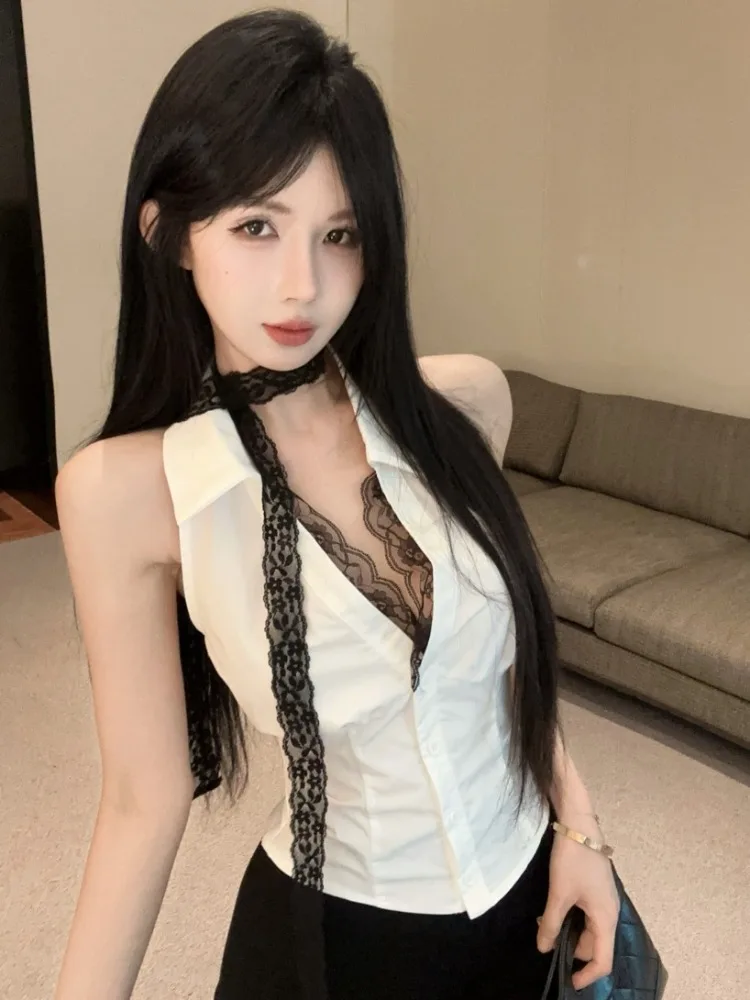 

Pure Desire Sexy Lace Patchwork V-neck Sleeveless Shirt Women Summer Sexy Slim Hanging Neck Sash Short Top Female Fashion