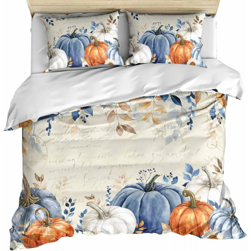 

Fall Blue Pumpkins Duvet Cover Set 3 Pieces, Thanksgiving Orange Gray Botanical Rustic Bedding Sets