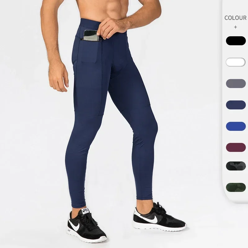 Pantalones de compresión para hombre, ropa deportiva de secado rápido, mallas para correr, Legging, entrenamiento físico, deporte de ciclismo, pantalones de Yoga con bolsillo con cremallera