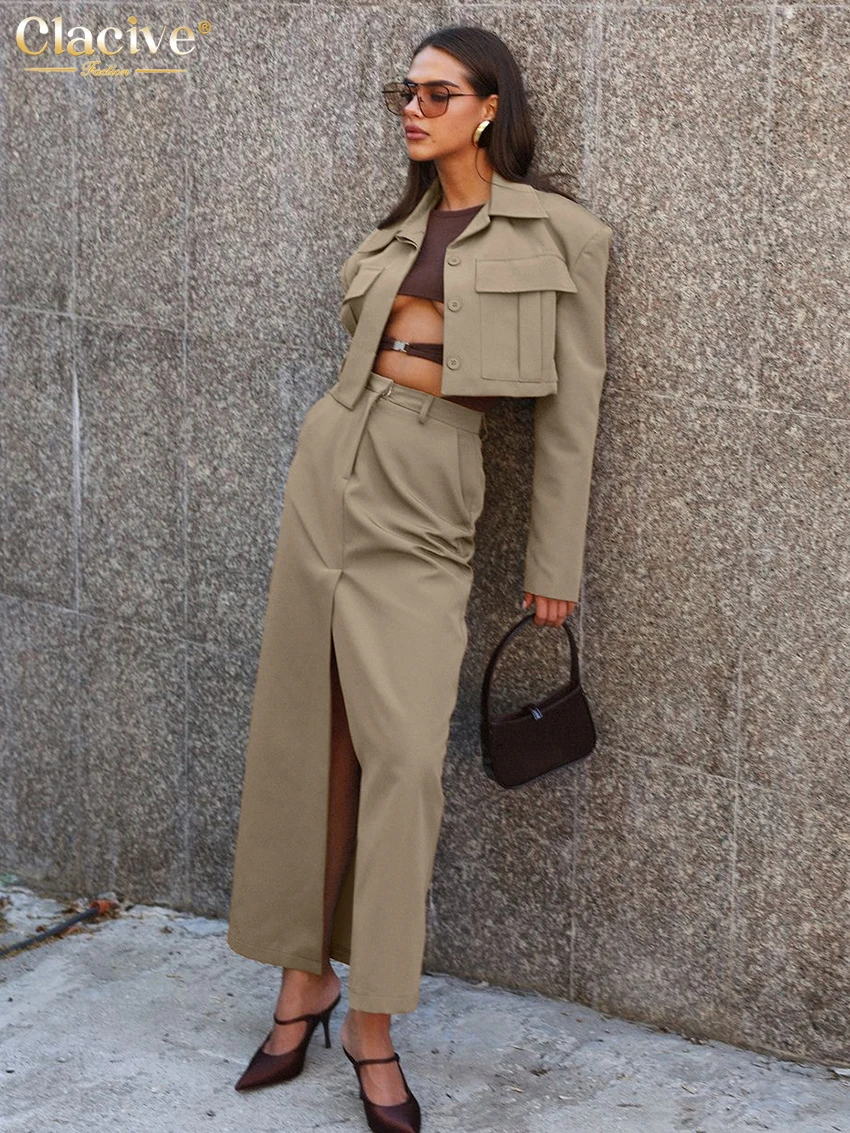 Clacive Fashion Loose Khaki 2-częściowy zestaw damski Elegancki top z długim rękawem i rozcięciem w talii Długa spódnica Zestaw Streetwear