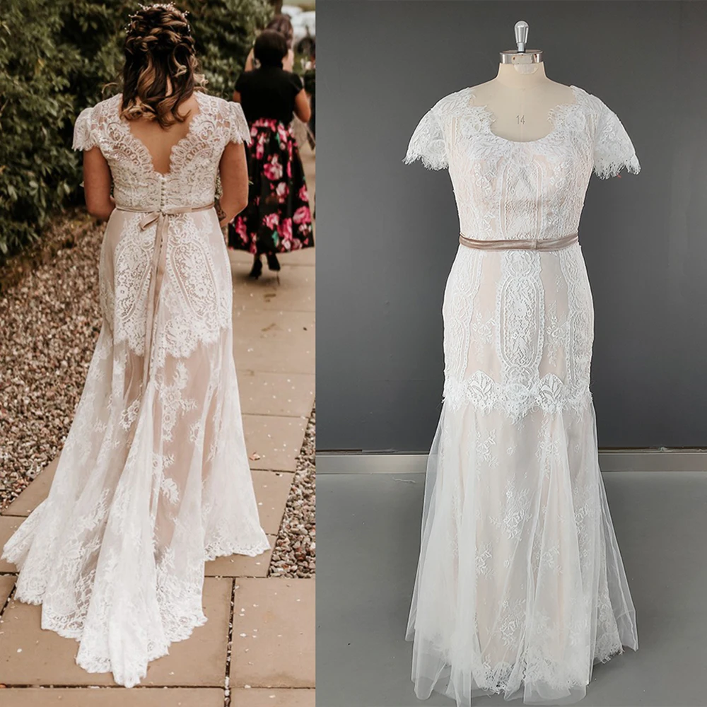 Boho Floral Lace Cap Sleeves Beach Wedding Dress Sash Customized A Line Romantic Buttons Rustic Garden Scoop Neck Bridal Gowns